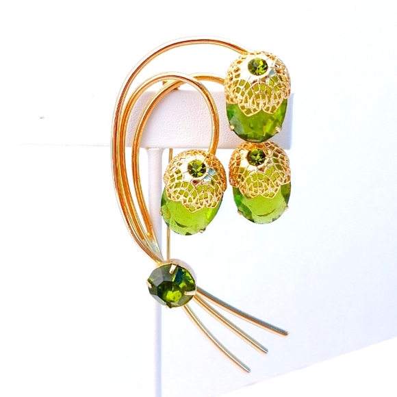 FALL ACORNS BROOCH EARRINGS original box green goldtone Signed Sarah Coventry - Picture 5 of 14